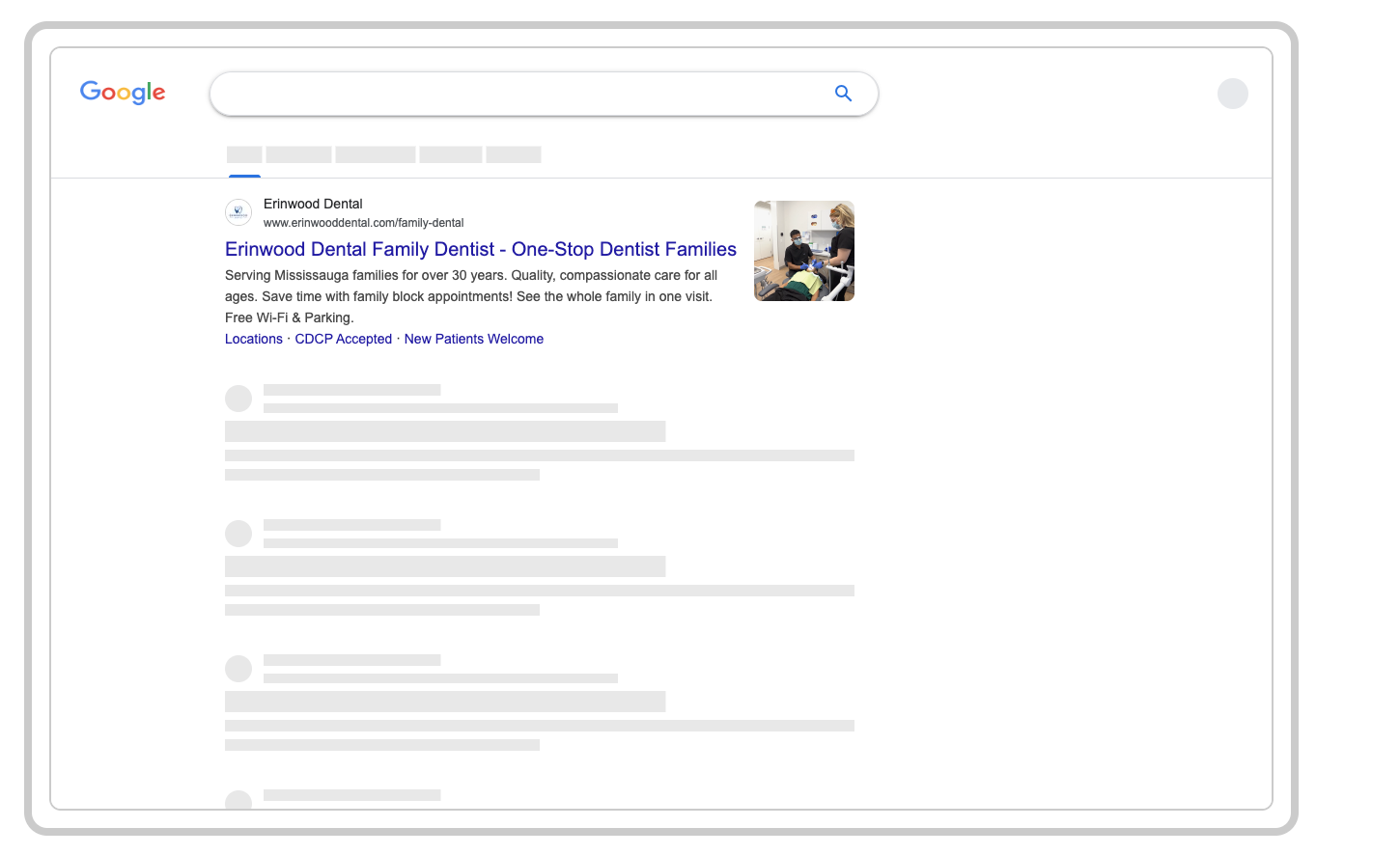 The same Erinwood Dental Google ad on desktop