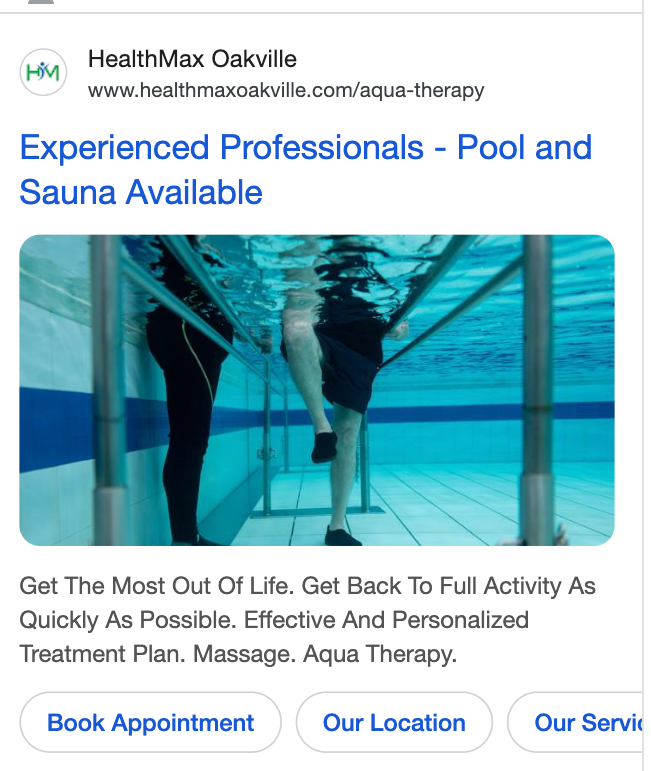Real Google search ad with photo for HealthMax Oakville physiotherapy