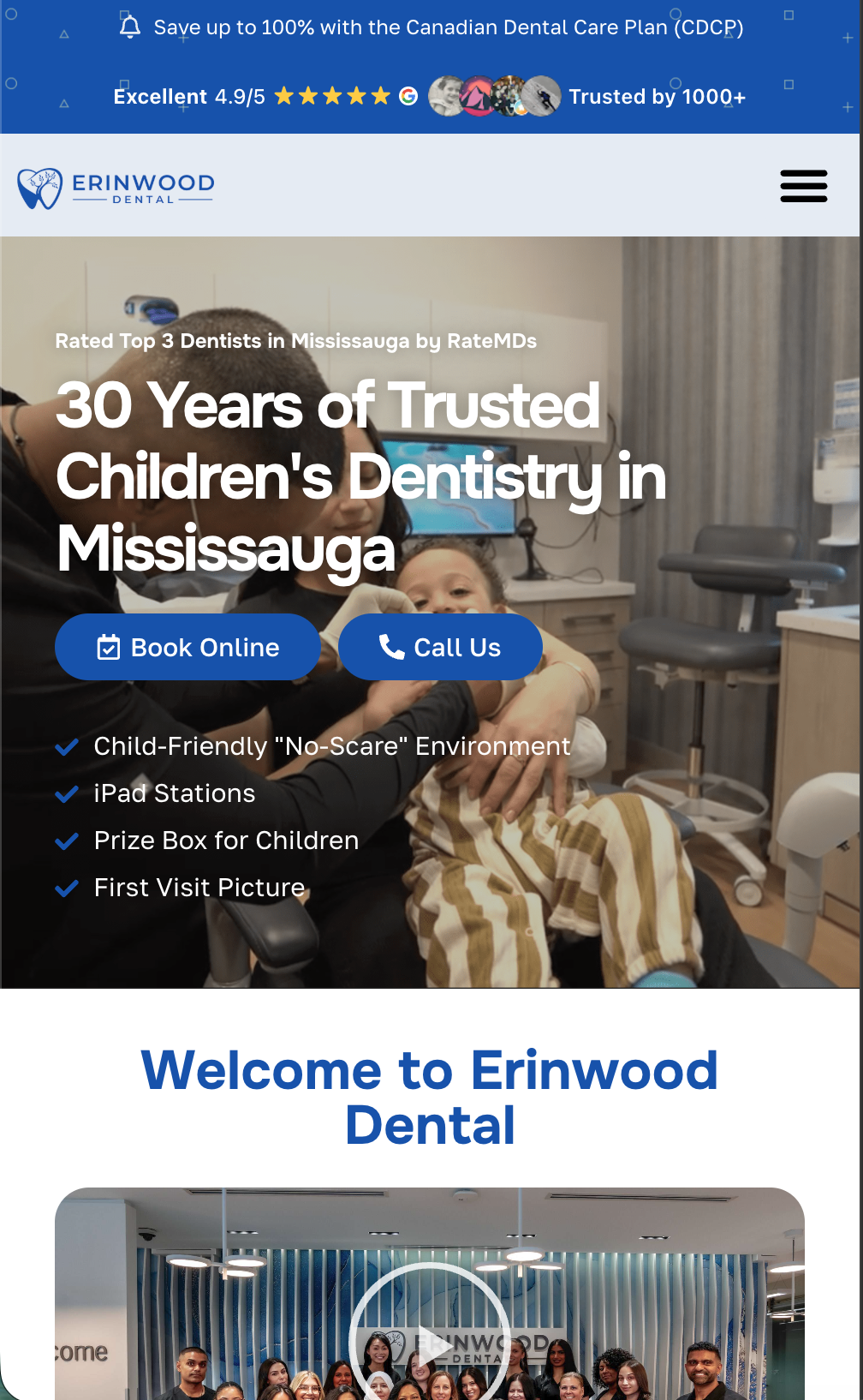 Erinwood Dental mobile landing page with original photography
