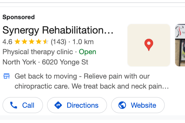 Real sponsored Google Maps ad for Synergy Rehabilitation